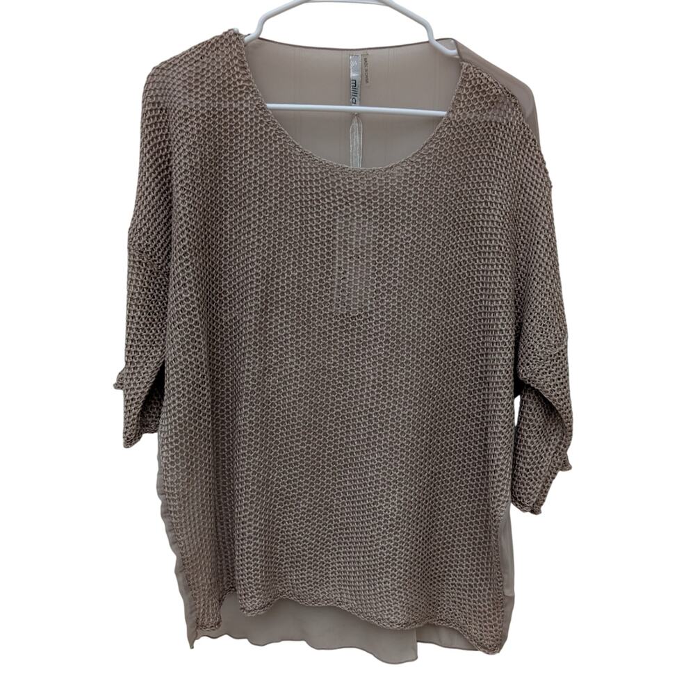 NWT Miilla 100% Linen Tan Crochet Sheer Blouse Womens Sz S Lagenlook Boho Flowy